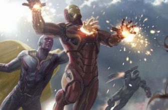 Вижен протыкает рукой Железного человека на арте фильма Marvel
