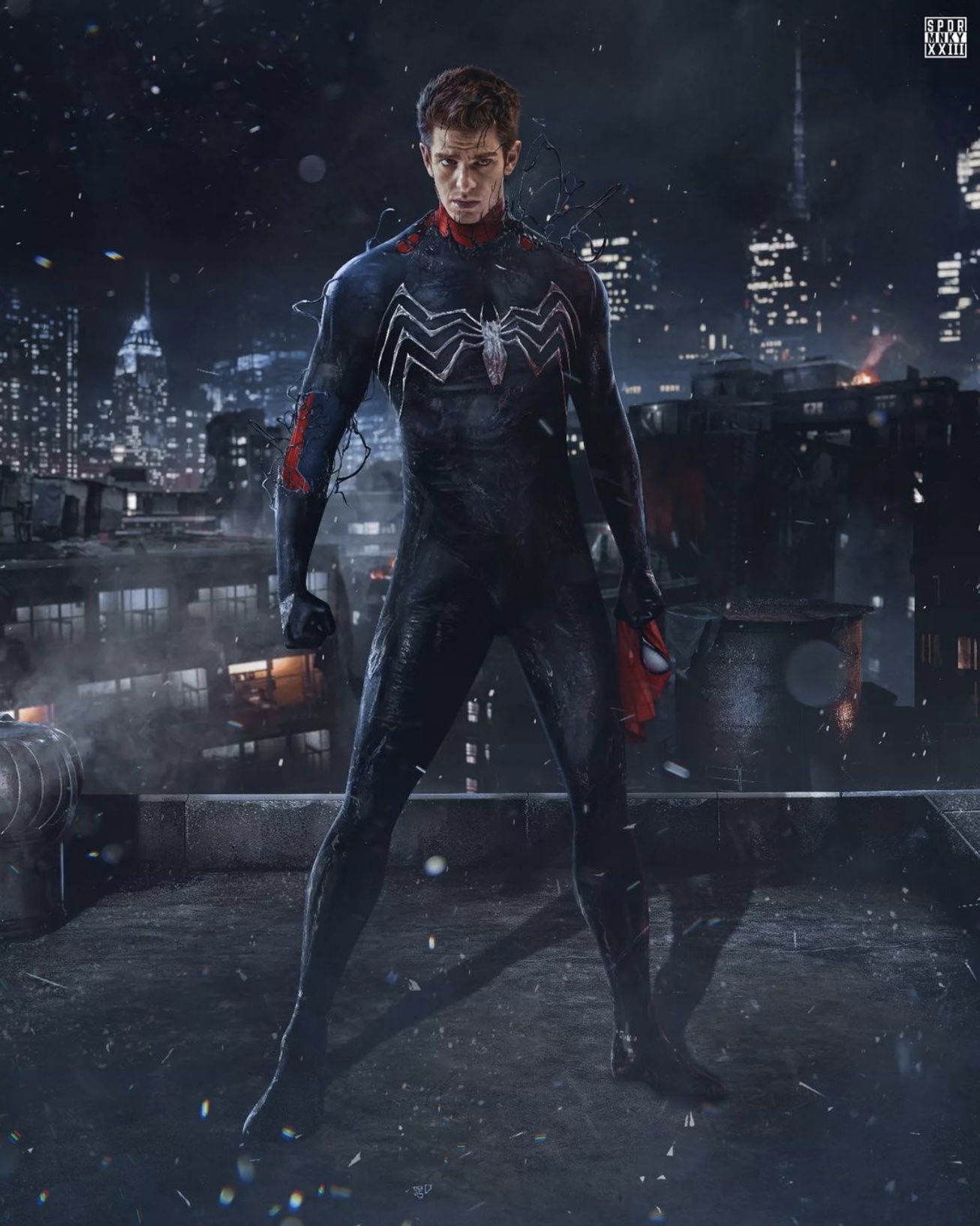 Эндрю Гарфилд в черном костюме-симбиоте на арте фильма «Новый Человек-паук 3» от художника