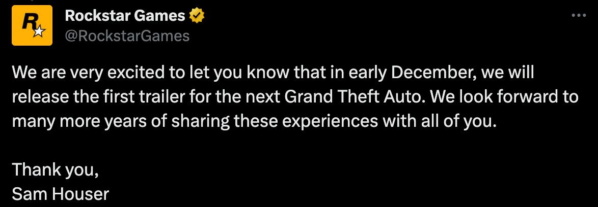 Первый трейлер Grand Theft Auto 6 официально выйдет в декабре