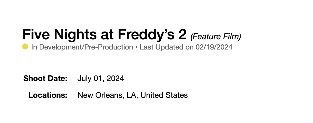 Стало известно, когда начнут снимать «Пять ночей с Фредди 2» по Five Nights at Freddy's